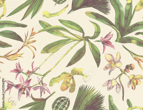 Tropical seamless pattern with tropical flowers, banana leaves. Painted in watercolor on a white background. © Арина Трапезникова