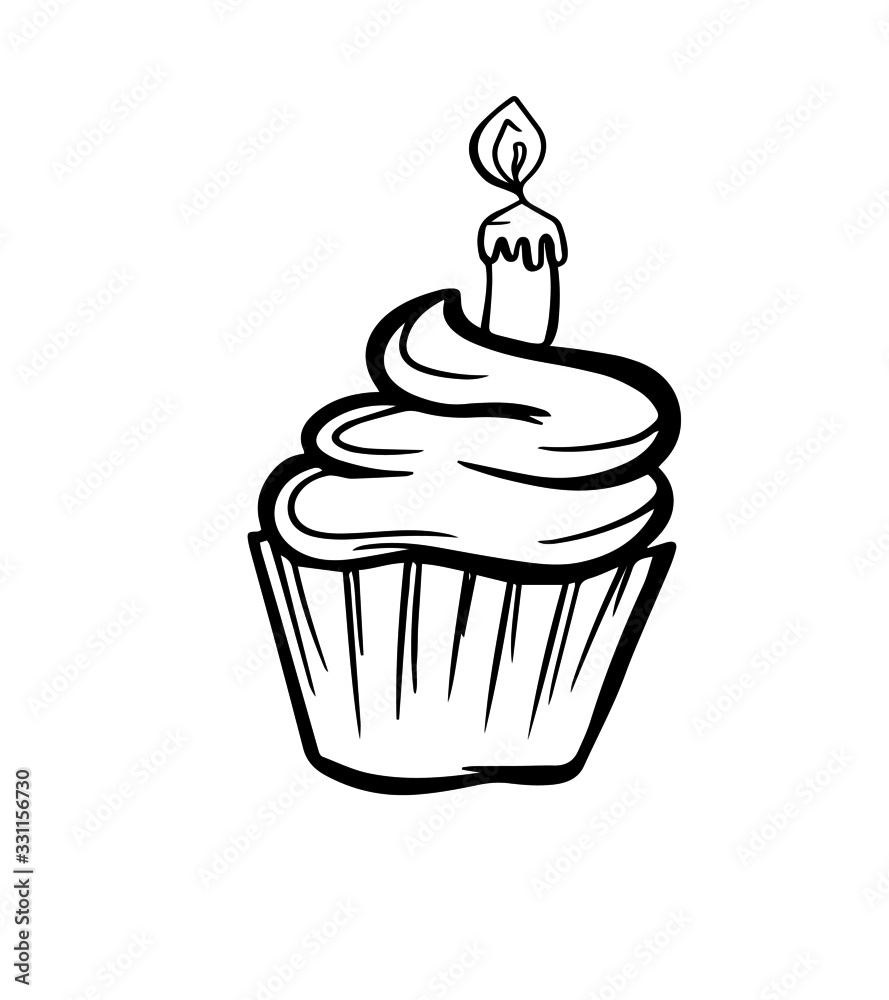 cupcake with birthday candle sweets cream congratulations object pastry postcard banner isolate outline vector illustration cupcake with birthday candle sweets cream congratulations object pastry postcard banner isolate outline vector illustration