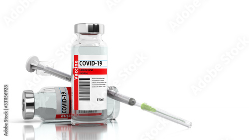 modern concept ampula vaccine from coronavirus with syringe 3d render on white photo