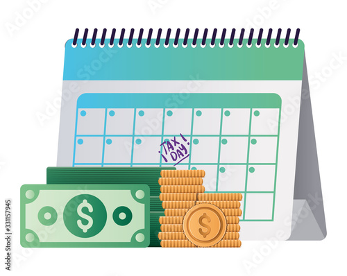 Isolated tax day calendar bills and coins vector design