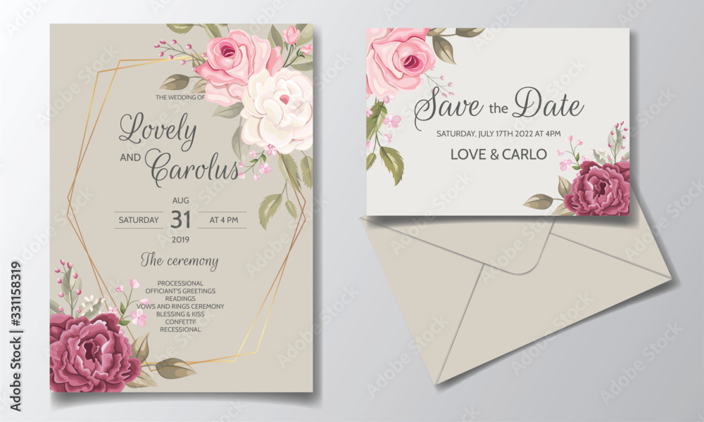 Beautiful and elegant wedding invitation card template set with floral ...