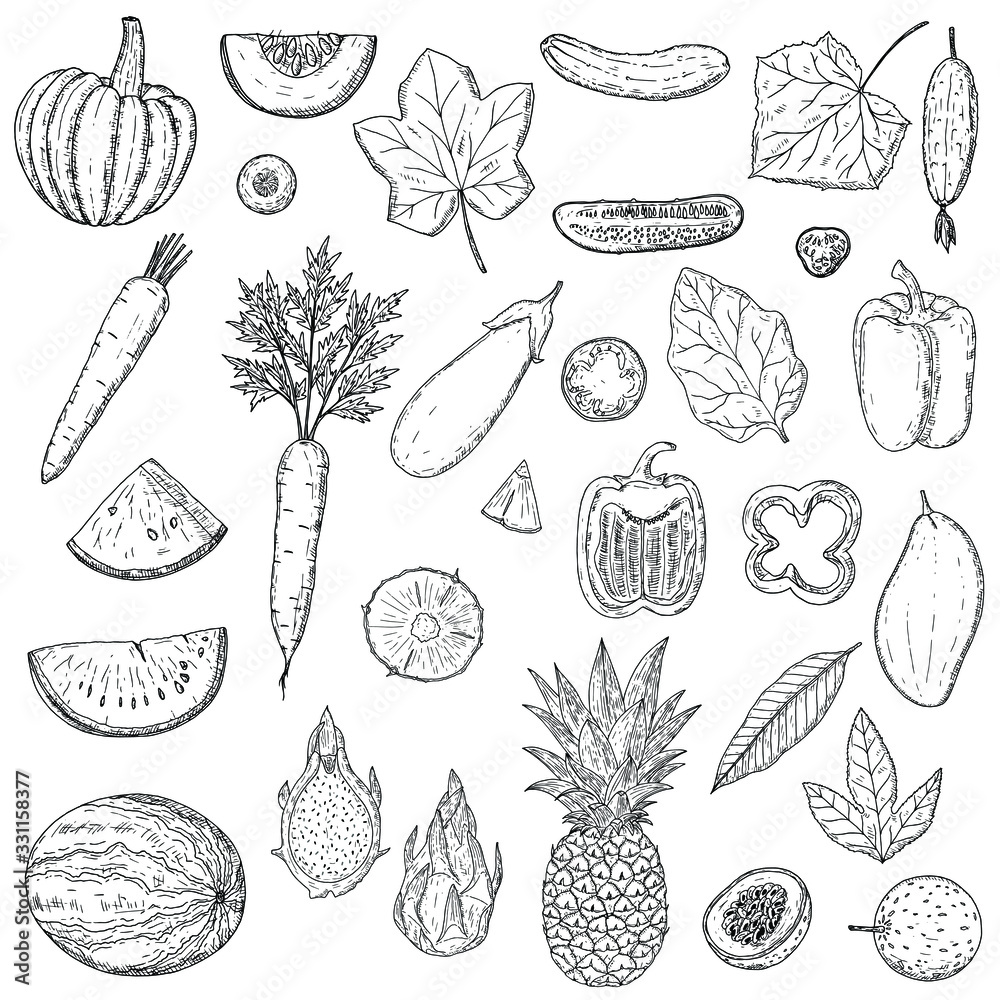 Fototapeta premium Set of fruits and vegetables. Vector cartoon illustration. Isolated objects on a white background. Hand-drawn style. Vegetarian food.