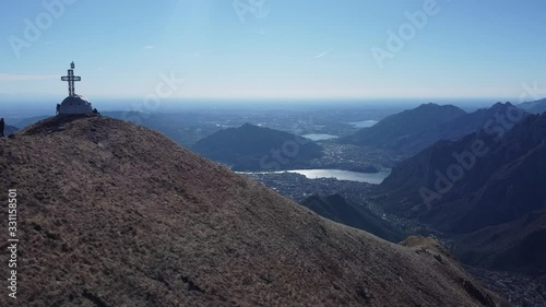 Aerial View of hikers in European Alps, Lecco, Italy