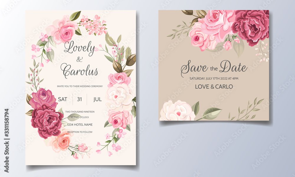 Beautiful and elegant wedding invitation card template set with floral frame