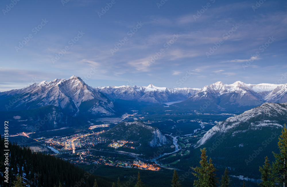 Spectacular View of Banff town and Tunnel mountain seen from Sulphur Mountain summit in Banff National park. Alberta.Canada.