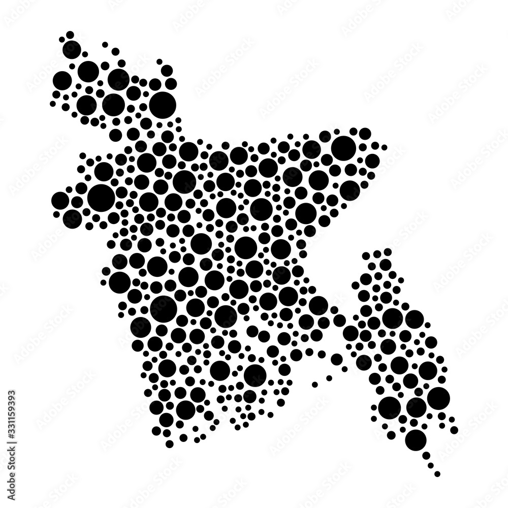 Bangladesh map from black circles of different diameters or spots, blotches, abstract concept geometric shape. Vector illustration.