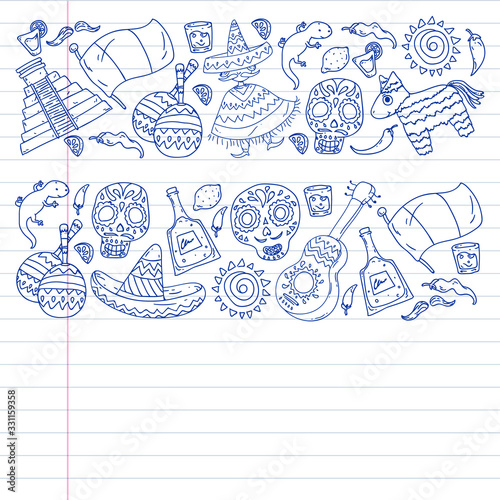 Vector pattern for mexican cuisine leaflets. Order mexican cuisine in internet online. Fast delivery. National Mexico ethnic elements. Day of the Dead. Sugar skull.