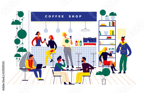 Young stylish people in coffeehouse drinking coffee at bar stand and tables, taking coffee to go, talking, communicating, working. Flat vector illustration concept in trendy colours for banner, ui.