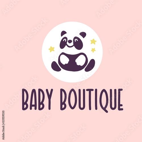 Logo design for kid toys store, market, boutique with cute panda bear character silhouette sitting isolated on white background. Baby accessories boutique emblem design. Vector flat illustration.