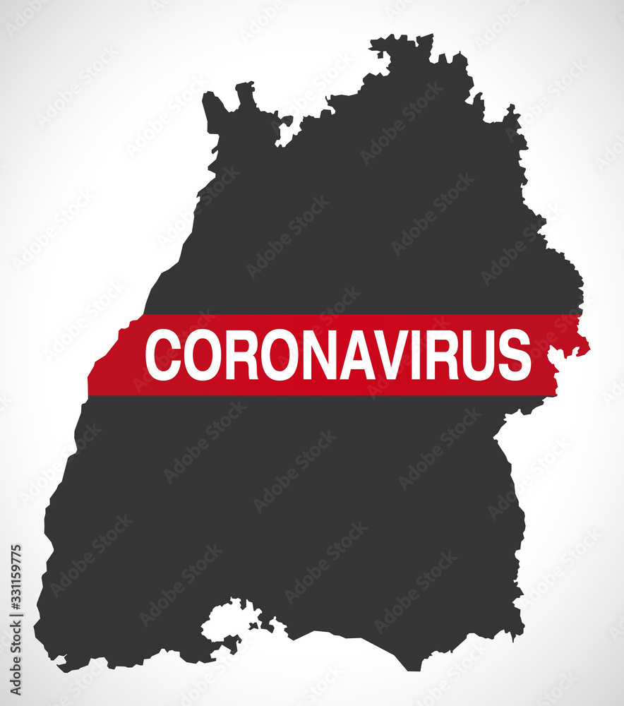 Baden-Wuerttemberg GERMANY federal state map with Coronavirus warning illustration