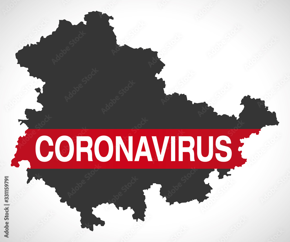 Fototapeta premium Thuringia GERMANY federal state map with Coronavirus warning illustration