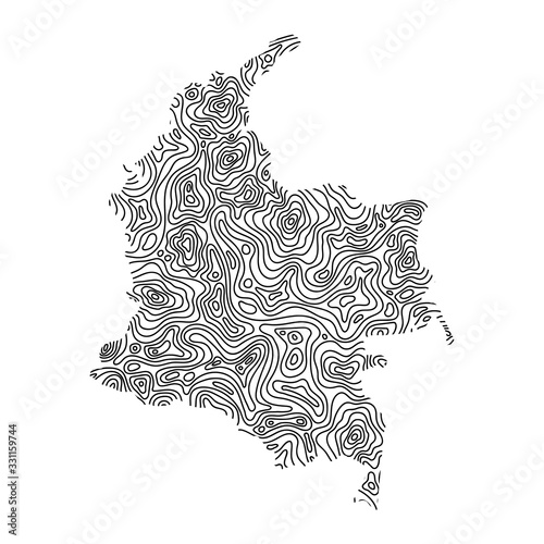 Colombia map from black isolines or level line geographic topographic map grid. Vector illustration.