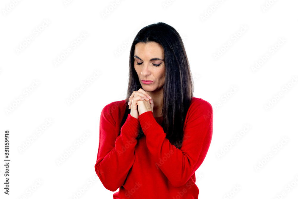 Attractive mature woman wearing red jersey Attractive mature woman wearing red jersey