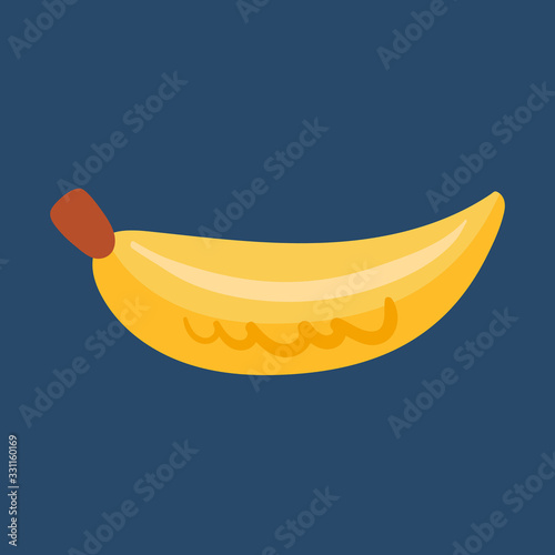 Banana tropical fruit, food. Exotic plant. Tasty fruit, vegan, vegetarian. Flora design elements. Wild life, nature. Flat colourful vector illustration icon sticker isolated on blue background.