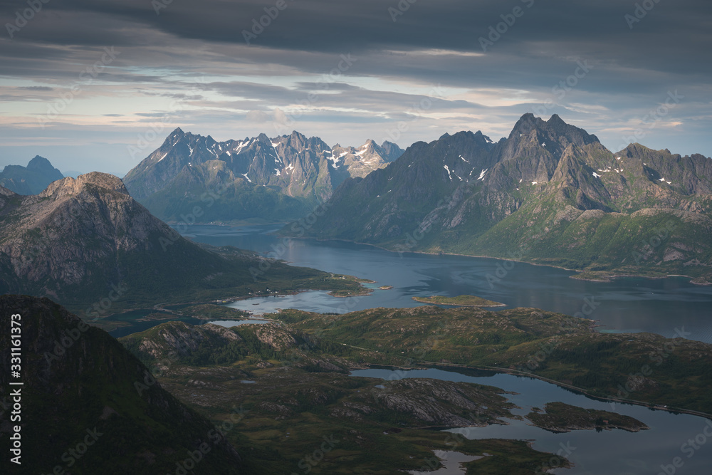 Mountain and fjord in Lofoten island in summer season, Lofoten island, Norway, Scandinavia