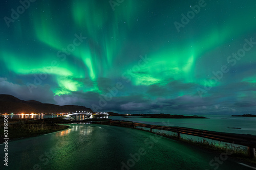 Northern light or Aurora borealis over Fredvang village in Lofoten island, Norway, Scandinavia