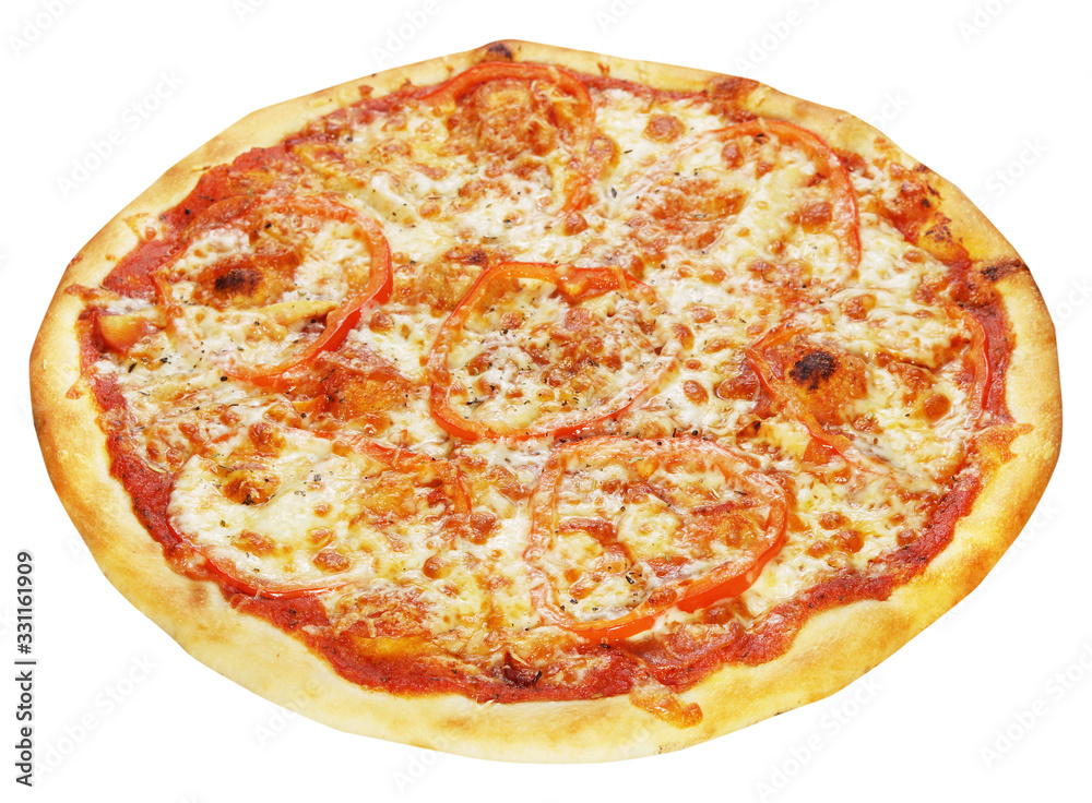 Fresh pizza Chicken Curry with tomato sauce and bell pepper isolated on white background Fresh pizza Chicken Curry with tomato sauce and bell pepper isolated on white background