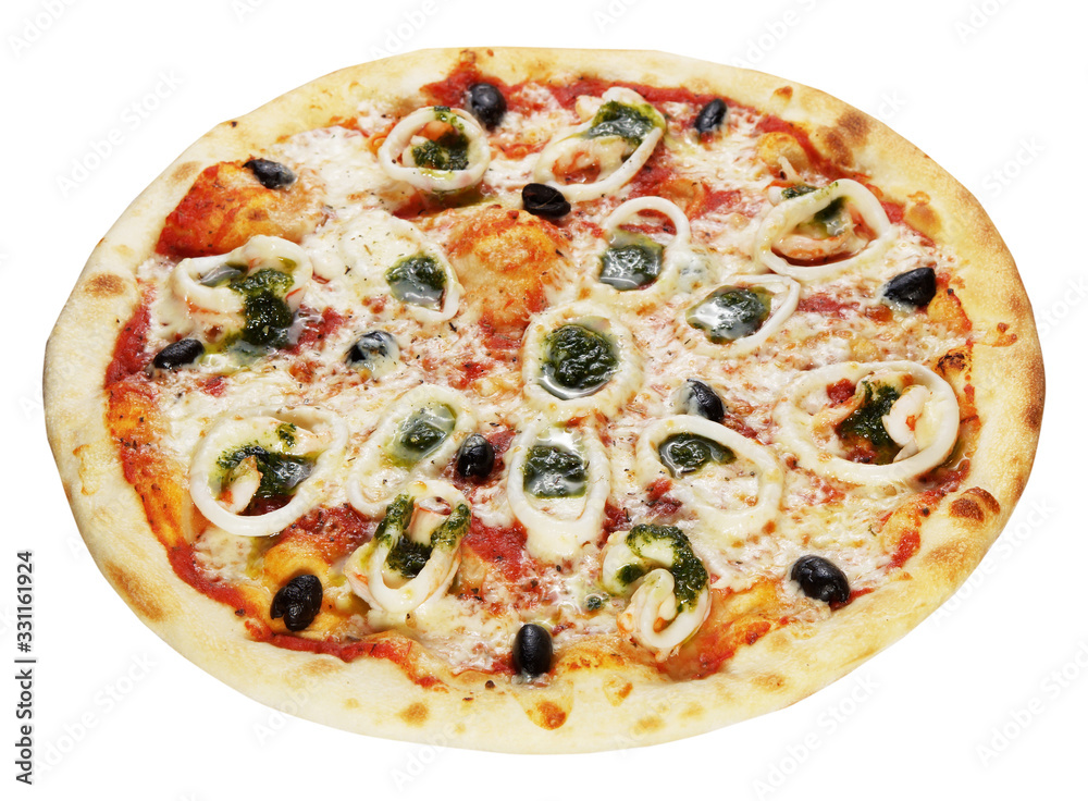 Fresh pizza Marinara with squid and olives isolated on white background Fresh pizza Marinara with squid and olives isolated on white background