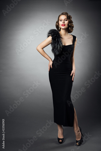 Retro Woman in Long Black Dress, Fashion Model in Evening Gown, Young Girl Beauty Studio Portrait