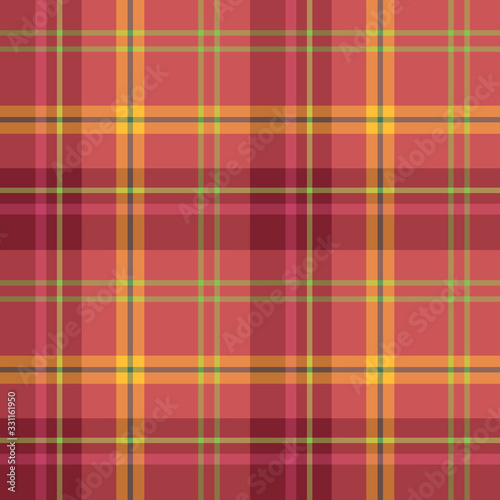 Seamless pattern in great cute red, yellow and green colors for plaid, fabric, textile, clothes, tablecloth and other things. Vector image.