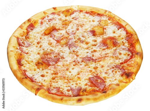 Fresh pizza with salami sausage isolated on white background