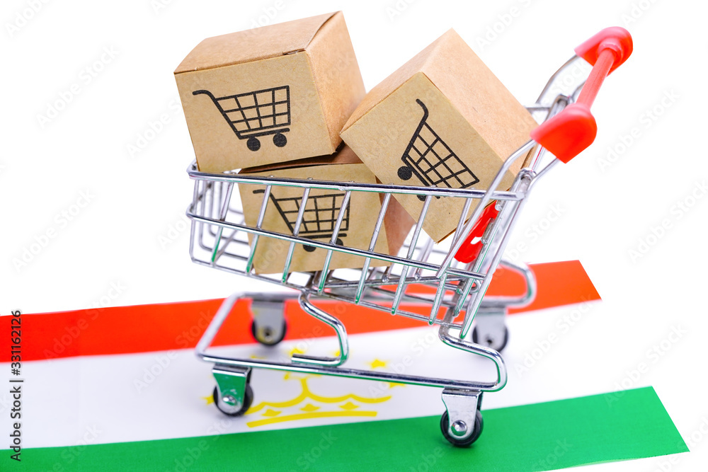 Box with shopping cart logo and Tajikistan flag : Import Export Shopping online or eCommerce finance delivery service store product shipping, trade, supplier concept.