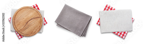 Pizza board and napkins isolated on white top view mockup. Set