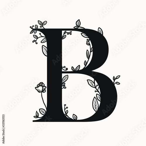 letter B drop caps big initial with floral decorations. graphic design elements . first letter of the paragraph isolated ornate design. serif letter B with floral illustrations.