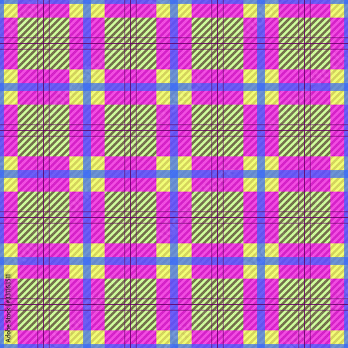 Tartan fabric in violet ,blue, yellow,green shades.Seamless pattern.For a site about fabrics,wallpapers ,art,mathematics, drawing.Vector illustration.