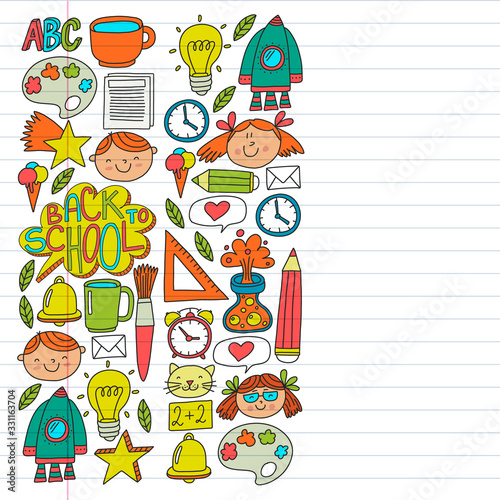 Online education concept. Vector icons and elements for little children  college  internet courses. Doodle style  kids drawing.