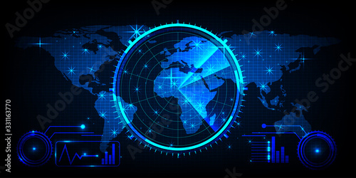world map with a radar screen,digital blue radar with targets and world map using as background and wallpaper