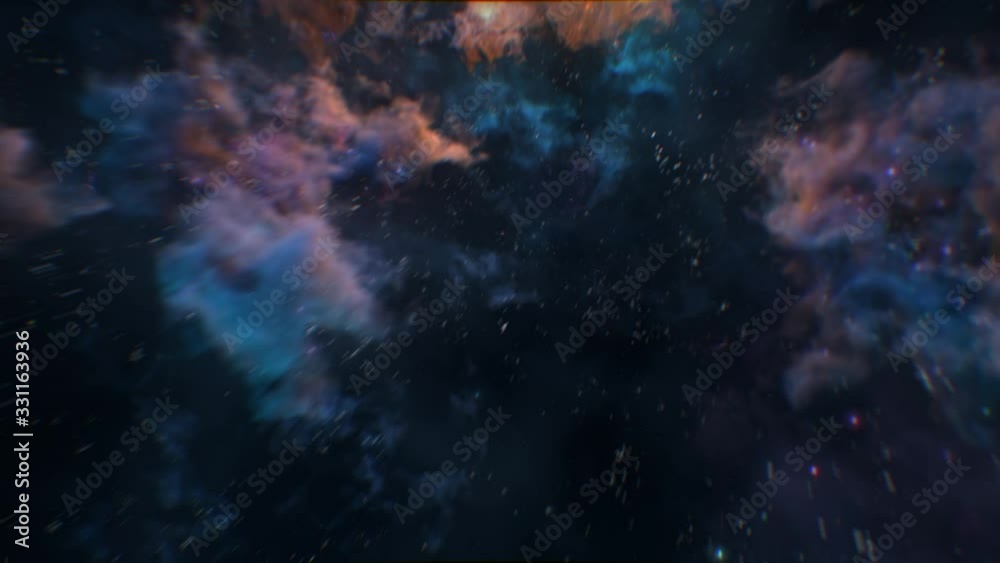 Traveling through the cosmic starry sky and watching the fantastic and twinkling three-dimensional nebula