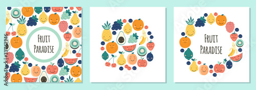 Cute set of Fruit Paradise backgrounds with various fruit characters