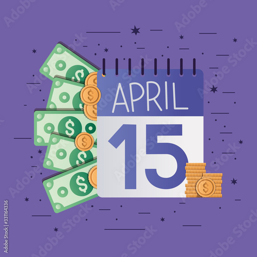 tax day calendar bills and coins vector design