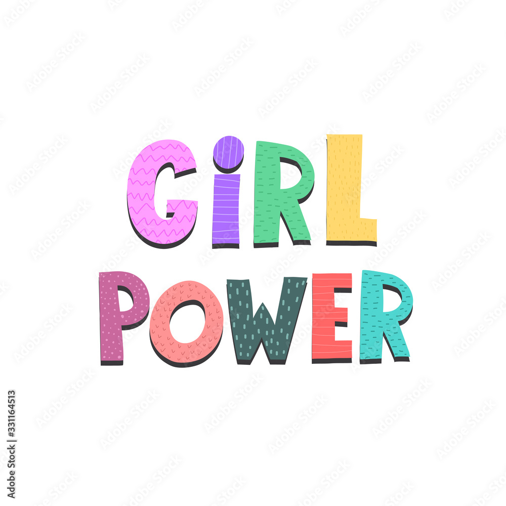 girl power. hand drawing lettering, decor elements. colorful illustration, flat style. design for cards, print, poster, cover