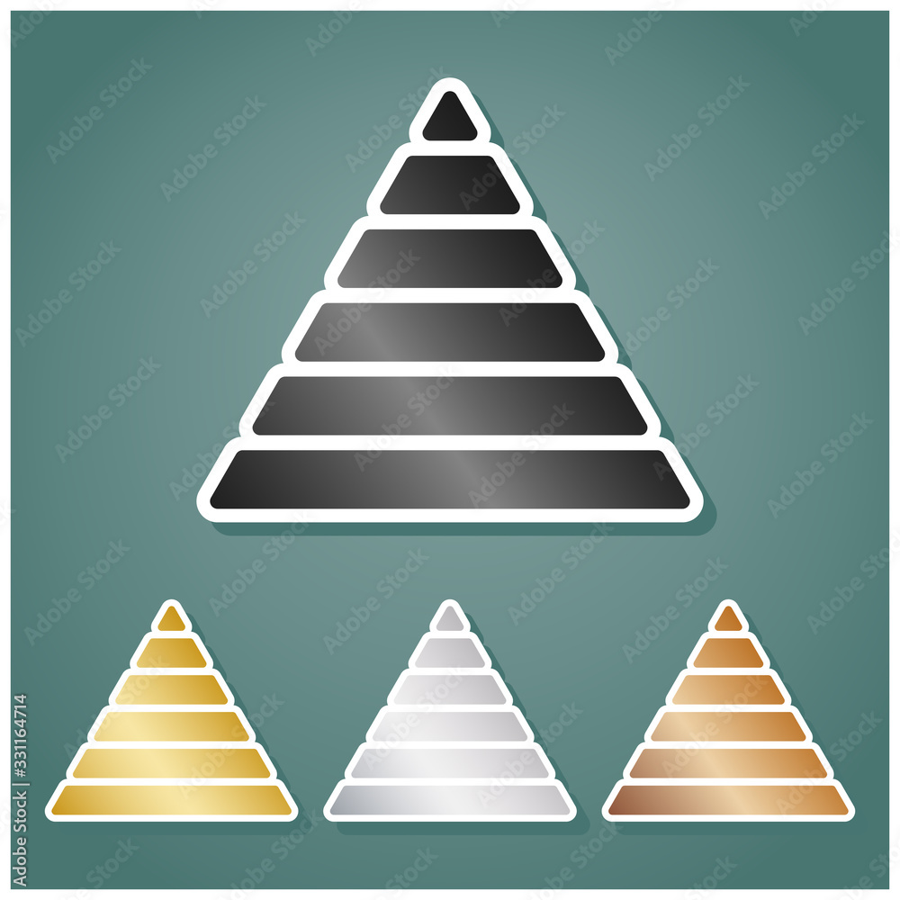 Maslow pyramid sign. Set of metallic Icons with gray, gold, silver and bronze gradient with white contour and shadow at viridan background. Illustration.