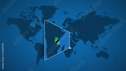 Detailed world map with pinned enlarged map of Tanzania and neighboring countries.