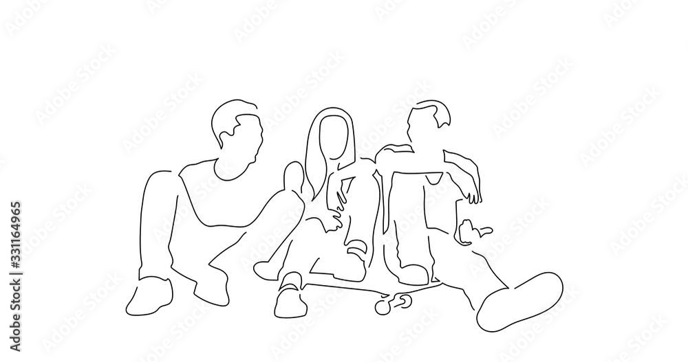 Group of friends sitting on the street line drawing, animated illustration design. Urban lifestyle. Group of friends sitting on the street line drawing, animated illustration design. Urban lifestyle.