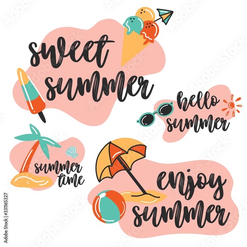 Cute hand drawn summer cards. Vector illustrations for t-shirt, poster prints, banner, flyer. Summer vibes labels, logos, tags and elements set. Holiday, travel, beach vacation, typographic.