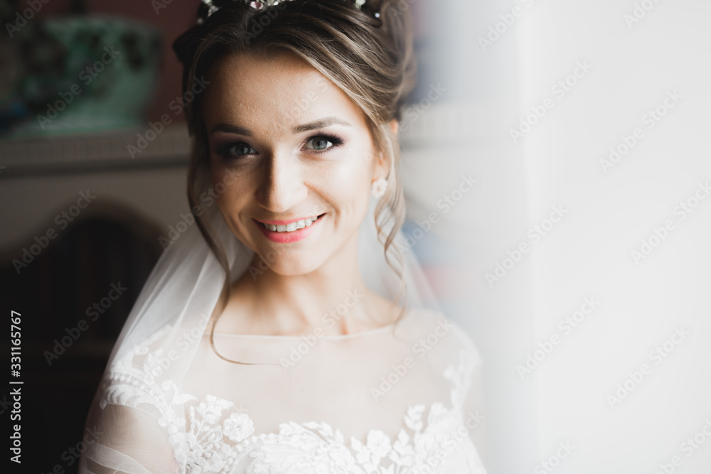 Portrait of beautiful bride with fashion veil at wedding morning Portrait of beautiful bride with fashion veil at wedding morning