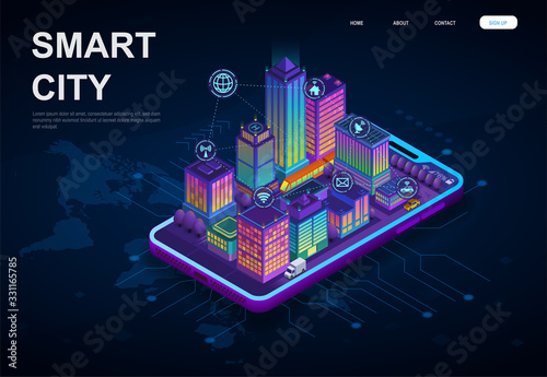 Colorful 3d Smart City with skyscrapers and connectivity icons on a digital device over a world map for global internet control, isometric vector illustration