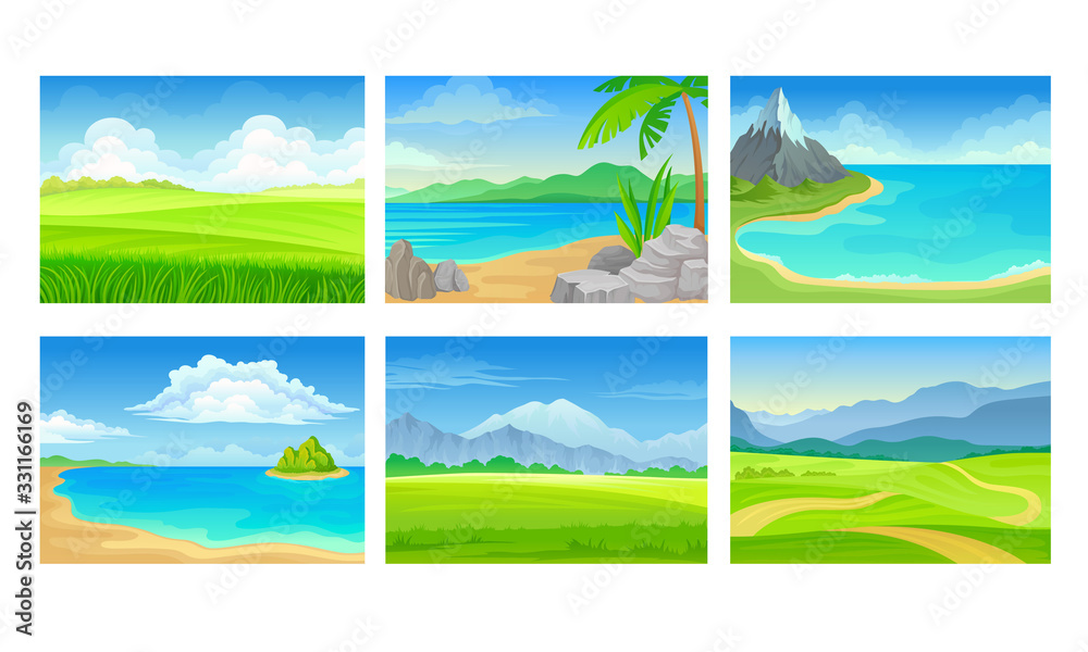 Fototapeta premium Beach and Mountain Scenes and Landscapes Vector Set