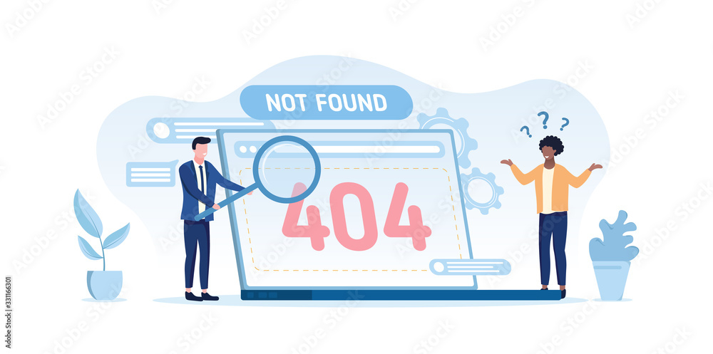 404 computer error - not found on an open laptop screen with a confused black man and businessman trying to conduct a web search, vector illustration