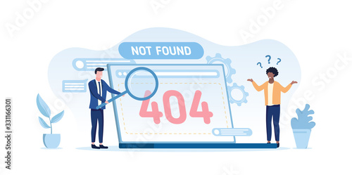 404 computer error - not found on an open laptop screen with a confused black man and businessman trying to conduct a web search  vector illustration