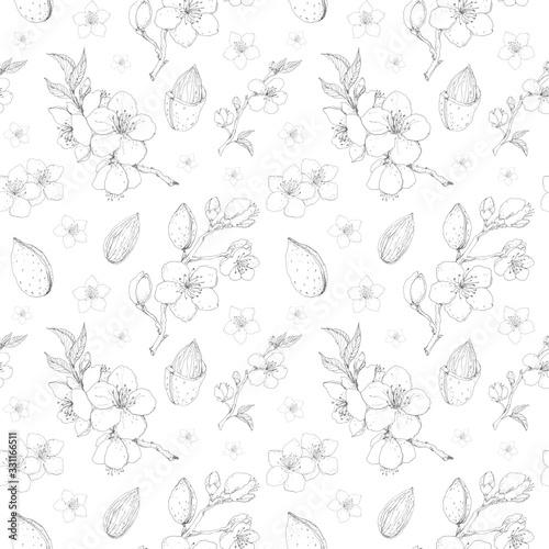 Spring almond, cherry, sakura, apple tree blossom pen ink botanical seamless pattern. Black and white, monochrome floral background for wallpaper, gift wrapping paper, textile design. 