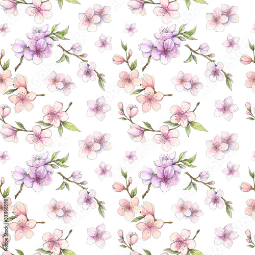 Spring cherry  sakura  almond  apple  peach tree blossom watercolor botanical seamless pattern. Pink-stained  pastel-colored floral background for wallpaper  gift wrapping paper  textile design. 