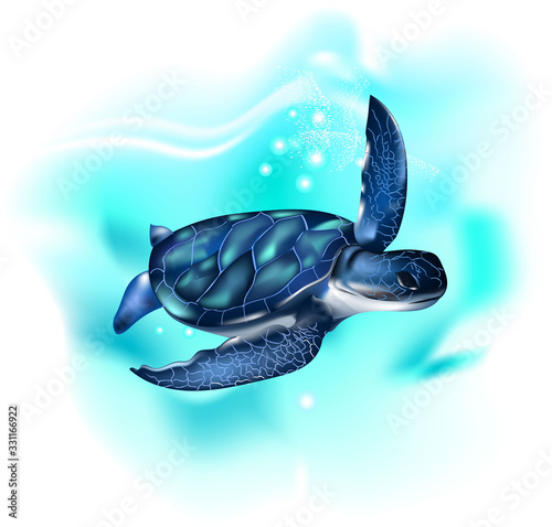 Turtle In The Ocean Sea Realistic Artistic Colored Drawing Of A On White Background Wall Stickers Stock Vector Adobe - Baby Sea Turtles Wall Decals