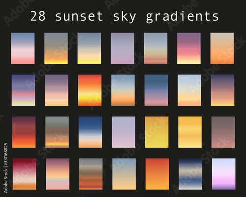 Sunset gradient bundle. Sky backgrounds for nature landscapes. Vector poster or minimal card templates set. Great for web design or as phone wallpapers. Illustration.