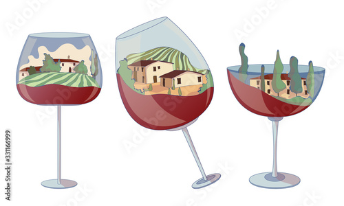 Wine Glasses with Red Liquid on the Bottom and Vineyard Landscape Inside Vector Set