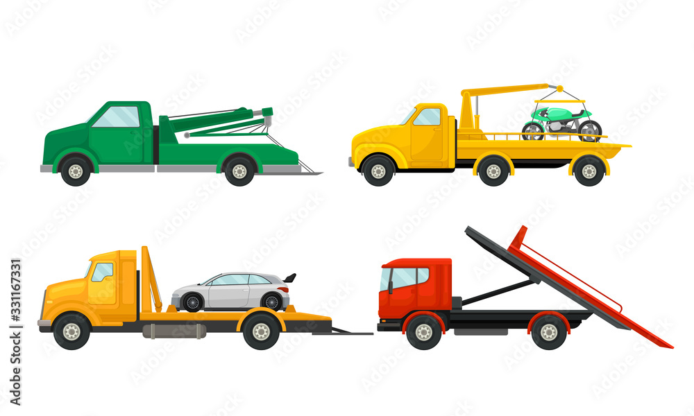 Fototapeta premium Tow Truck or Breakdown Truck Working Side View Vector Set